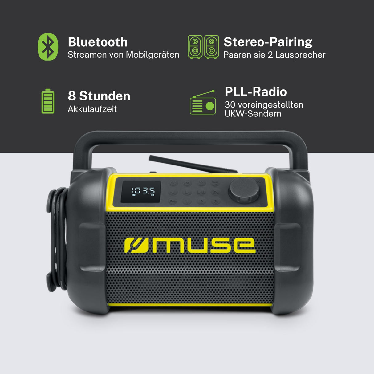 Muse M-928BTY. Radio para el Sitio de Trabajo con Bluetooth. Radio FM PLL. Potencia de Salida 20W. Display 0,5”. Antena de Varilla giratoria. Diseño IP64 a Prueba de Salpicaduras de Polvo