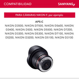 Samyang F1121903101 - Objetivo fotográfico DSLR para Nikon F Ae (Distancia Focal Fija 8mm, Apertura f/3.5-22 UMC, Ojo de Pez, CSII), Negro