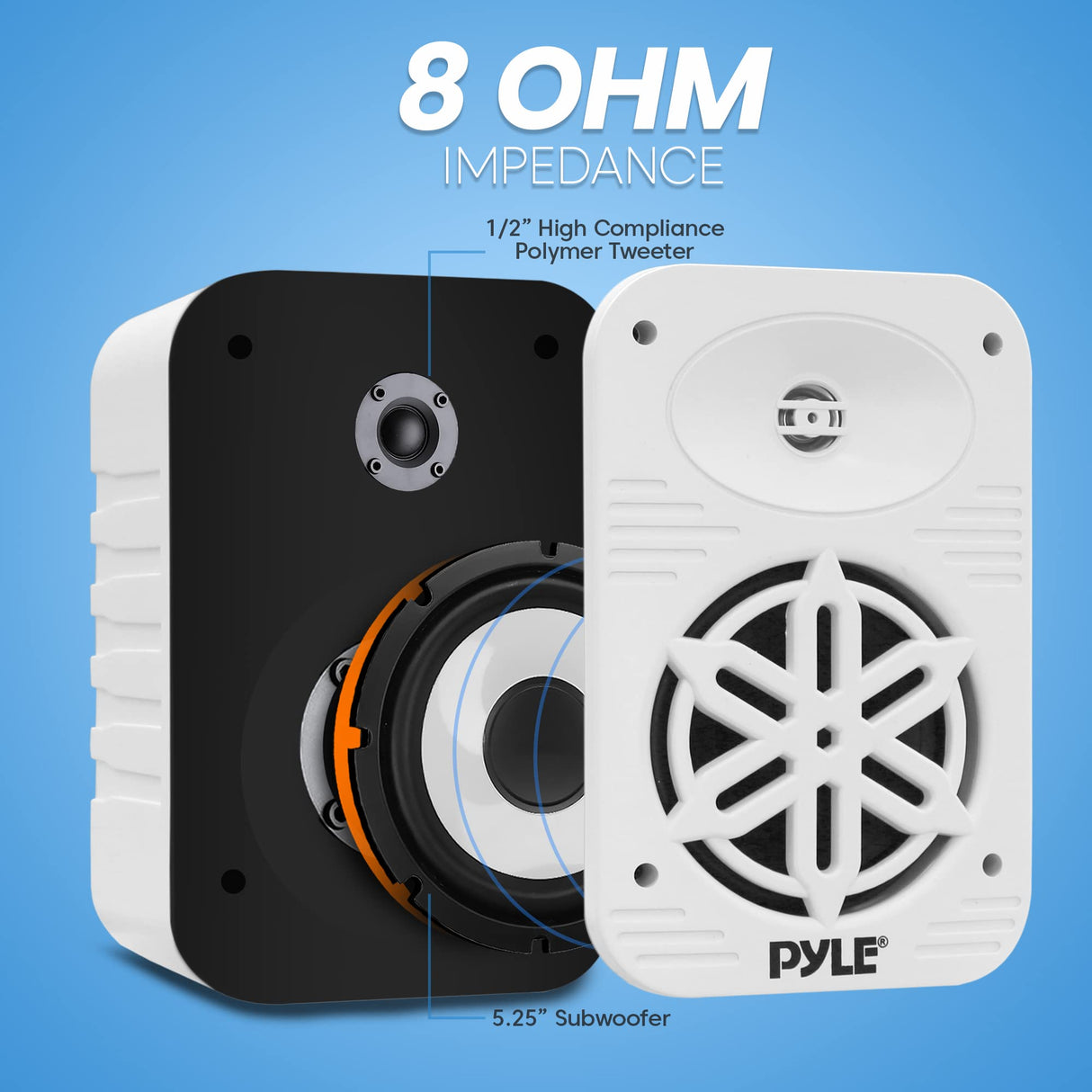 Pyle Altavoces para Interior y Exterior – 500 W, 2 Altavoces Blancos de 5,25" Impermeables, Sistema de 2 Vías con Tweeter de ½, para Casa, Barco, Terraza y Piscina