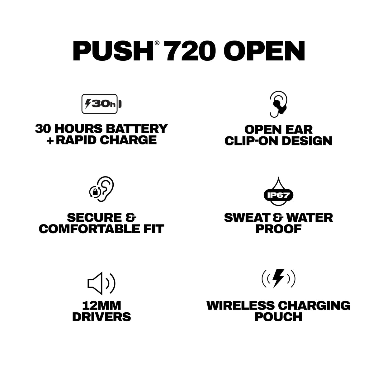 Skullcandy Push 720 Open Auriculares Open Ear Inalámbricos Bluetooth, Impermeables, Diseño Ligero de Clip, 30 Horas de Autonomía, Bolsito de Carga Inalámbrica, Micrófono para iPhone Android - Negro