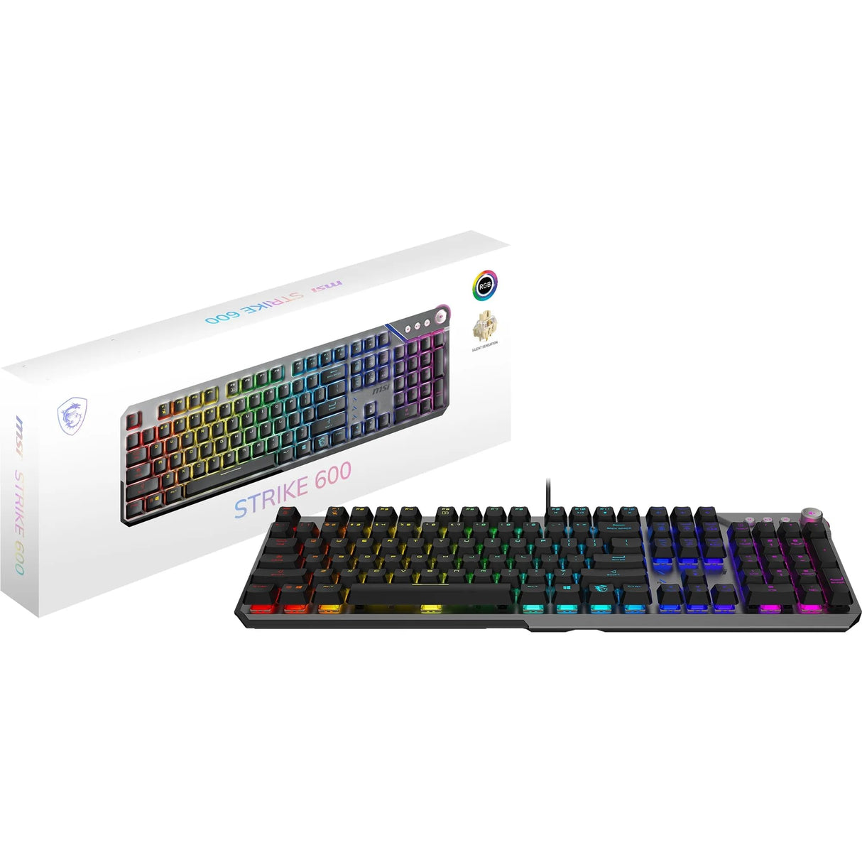 MSI Strike 600 Silent FR Teclado Gaming Silencioso - Interruptores táctiles Kailh Midnight Pro Silent, Teclas ergonómicas, Base Antideslizante, RGB Mystic Light por Tecla, USB 2.0 - Tamaño Completo