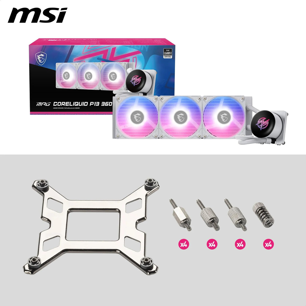 MSI MPG CORELIQUID P13 360 WHITE – Refrigeración Líquida AIO 360mm Blanca con ARGB, 3 Ventiladores PWM, Compatible con Intel LGA 1700/1200 y AMD AM5/AM4, Diseño Premium