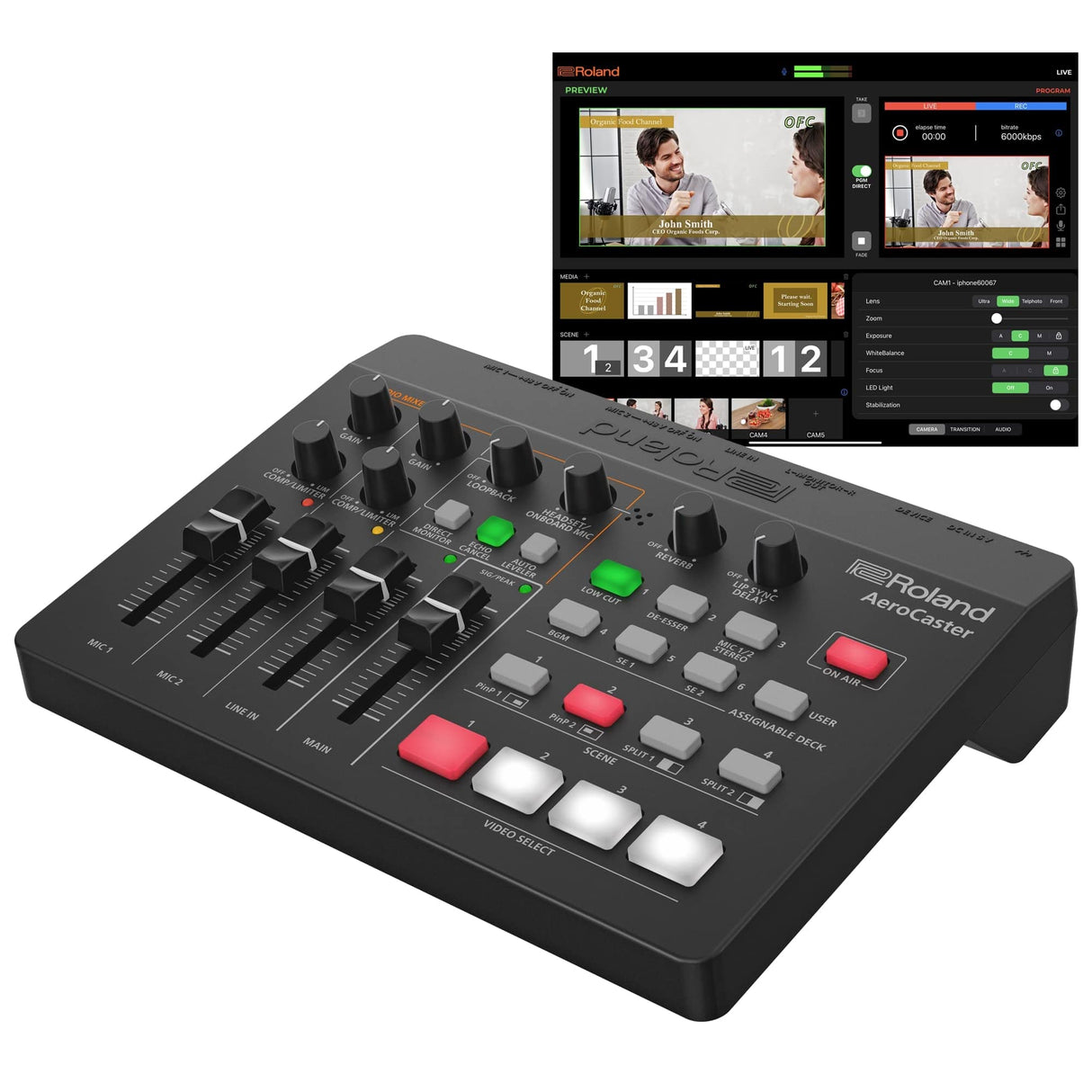 Sistema de livestreaming Roland AeroCaster VRC-01 — Potente solución de producción multicámara inalámbrica con interfaz de audio/controlador de hardware y completa app para iPad