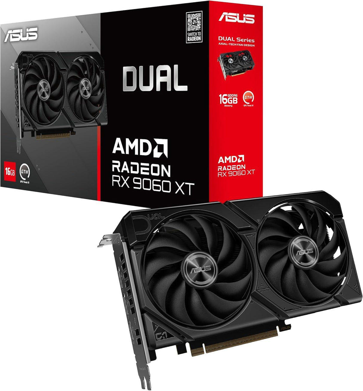 ASUS Dual Radeon RX 9060 XT - Tarjeta gráfica (PCIe 5.0, 16 GB GDDR6, HDMI 2.1b, DisplayPort 2.1a, 2,5 Ranuras, diseño de Ventilador Axial-Tech, tecnología 0dB)