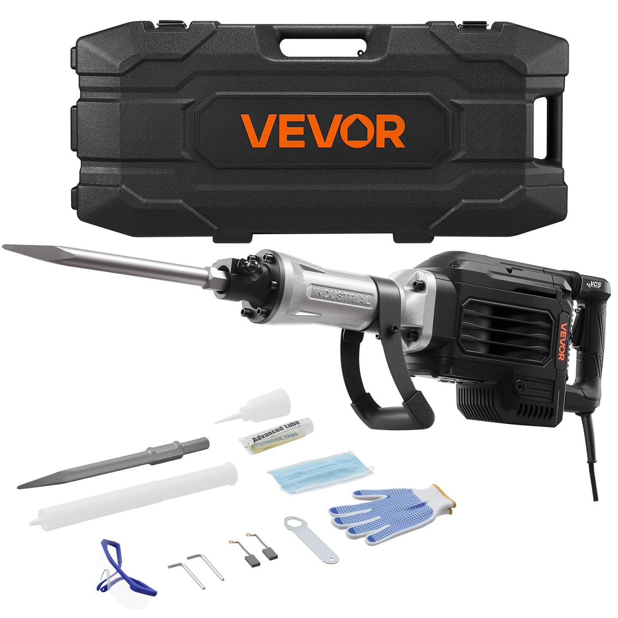 VEVOR Martillo Demoledor Eléctrico de 3000 W, 1700 BPM, con Cincel Puntiagudo, Estuche de Transporte, Guantes y Gafas de Seguridad, para Paredes Hormigón, Ladrillos, Azulejos y Cimientos, Negro