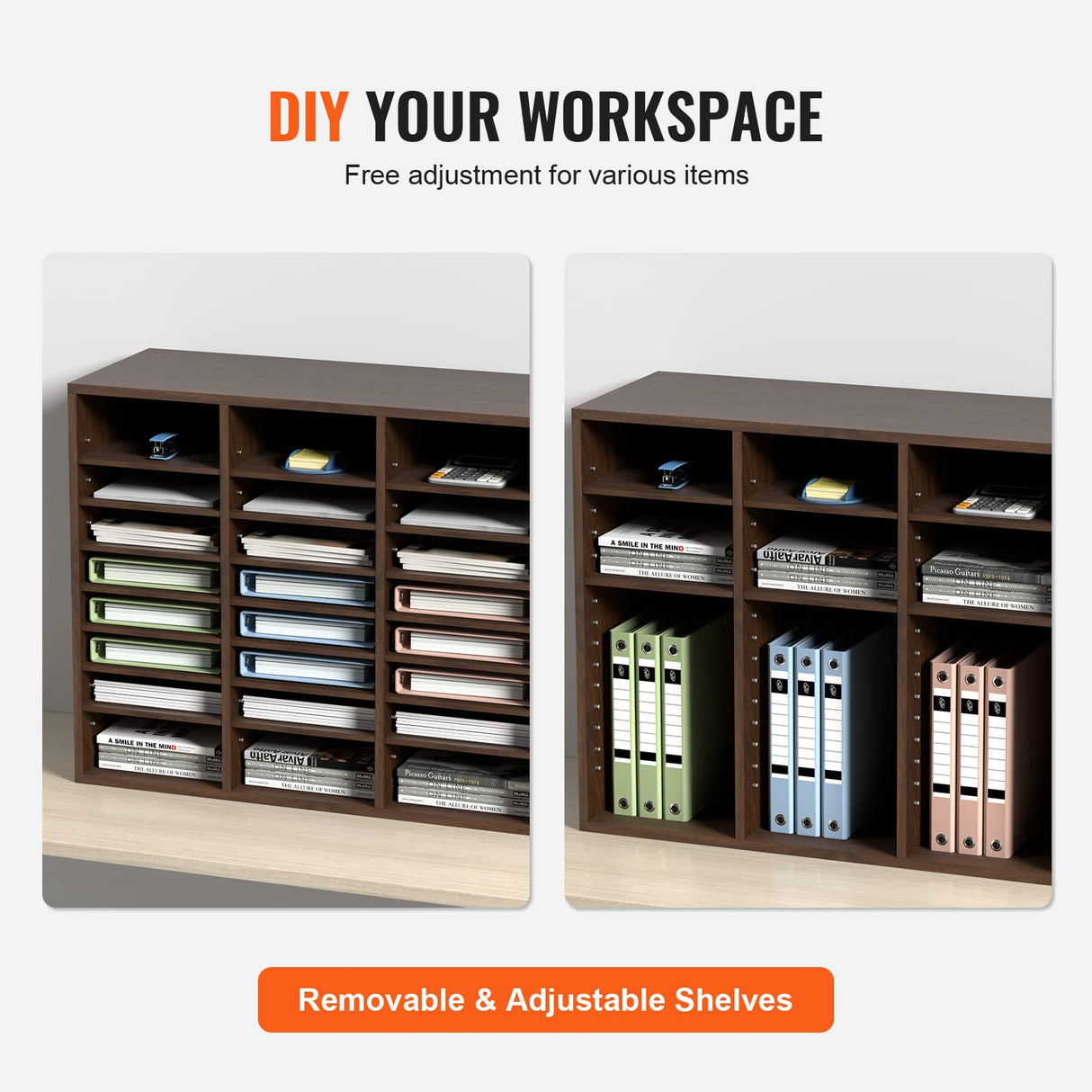 VEVOR Organizador de Literatura de madera Aglomerado Estante de Almacenamiento de Documentos de 24 Compartimentos 73,7x30,5x62 cm Clasificador de Literatura con Estantes Ajustables para Oficina Marrón