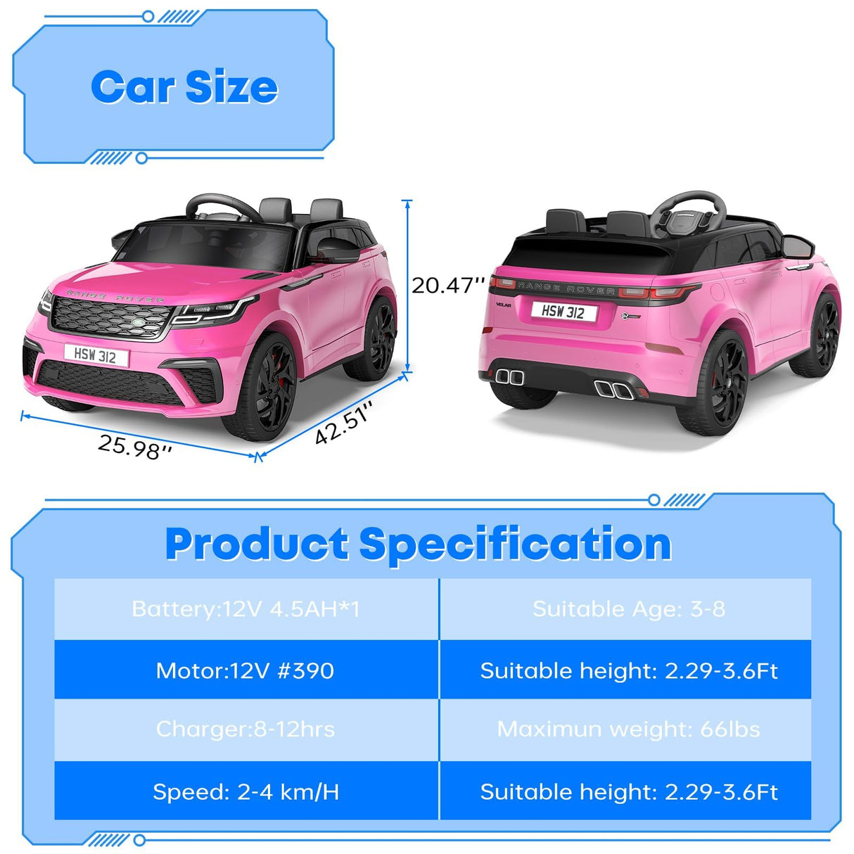 Coche eléctrico para niños, Land Rover con Licencia, 12 V, con Mando a Distancia, música, educación temprana, USB, TF, Mp3, Coche eléctrico para niños a Partir de 3 años (Rosa)