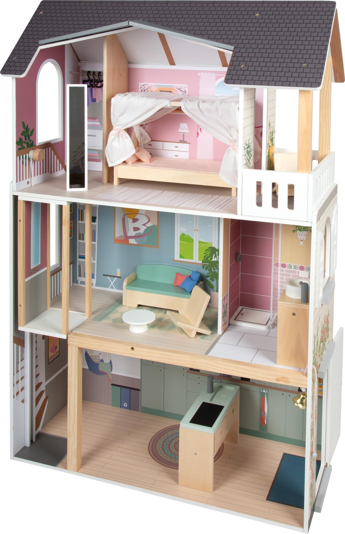 Small Foot Casa de muñecas Villa de Ensueño XL, 3 Pisos, muñecas de hasta 30 cm, Escala 1:6, Aspecto de Madera, 12730