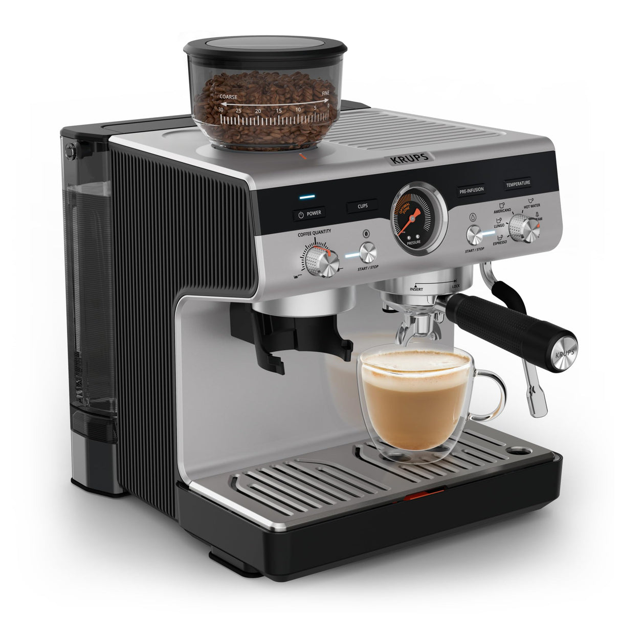 Krups Precision Cafetera profesional para espresso y capuccino,con molinillo integrado y 30 ajustes de molienda,cafetera con ajustes de preinfusión y control de temperatura,Acero inoxidable/Negro