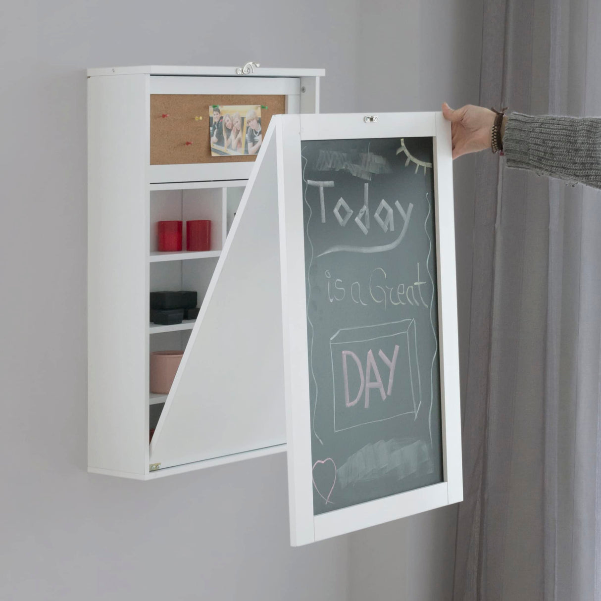 InnovaGoods® Mesa plegable de pared Woldy, mesa con pizarra y estantería, mesa plegable multifunción para trabajar y ahorrar espacio, Medidas ‎80x50x18 cm, Color Blanco