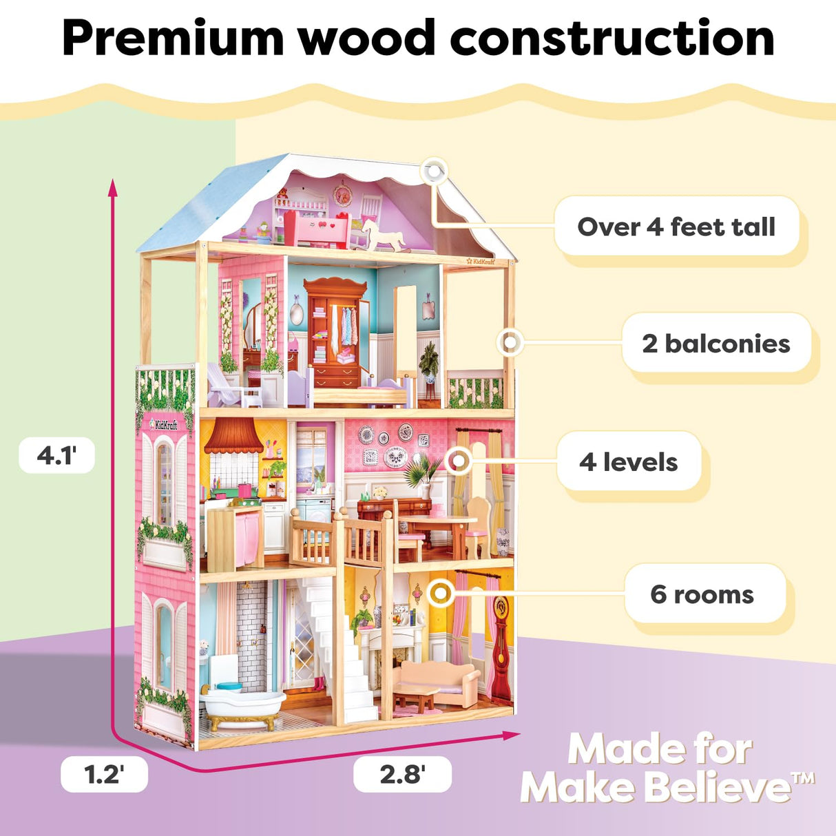 KidKraft Casa de muñecas de Madera Charlotte con Muebles y Accesorios incluidos, Casita de Juguete con 4 Niveles de Juego para muñecas de 30 cm, Juguetes niños y niñas Desde 3 años (65956)
