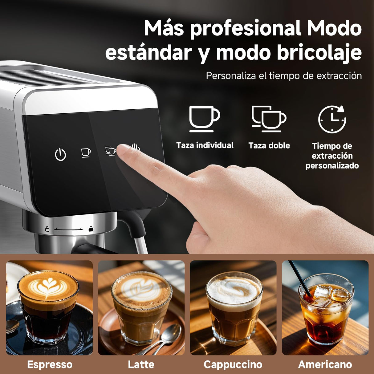 AMZCHEF Cafetera Espresso de 20 Bares con Pantalla LED Cafetera Todo en Uno con Depósito Extraíble de 1,2 Litros para Regalos del Hogar Cafetera Latte Compacta de Acero Inoxidable, 1350W