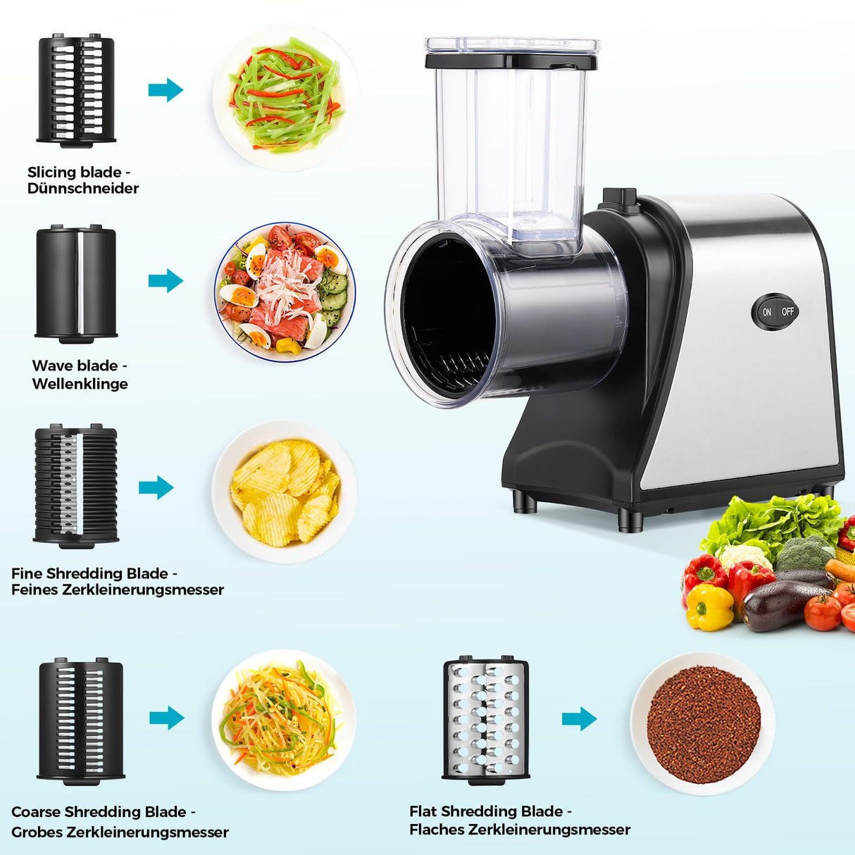 Cortadora Eléctrica de Verduras 250W, Rallador 5 en 1 con Amplia Boca de Llenado, Mandolina Multifuncional para Frutas, Verduras y Queso