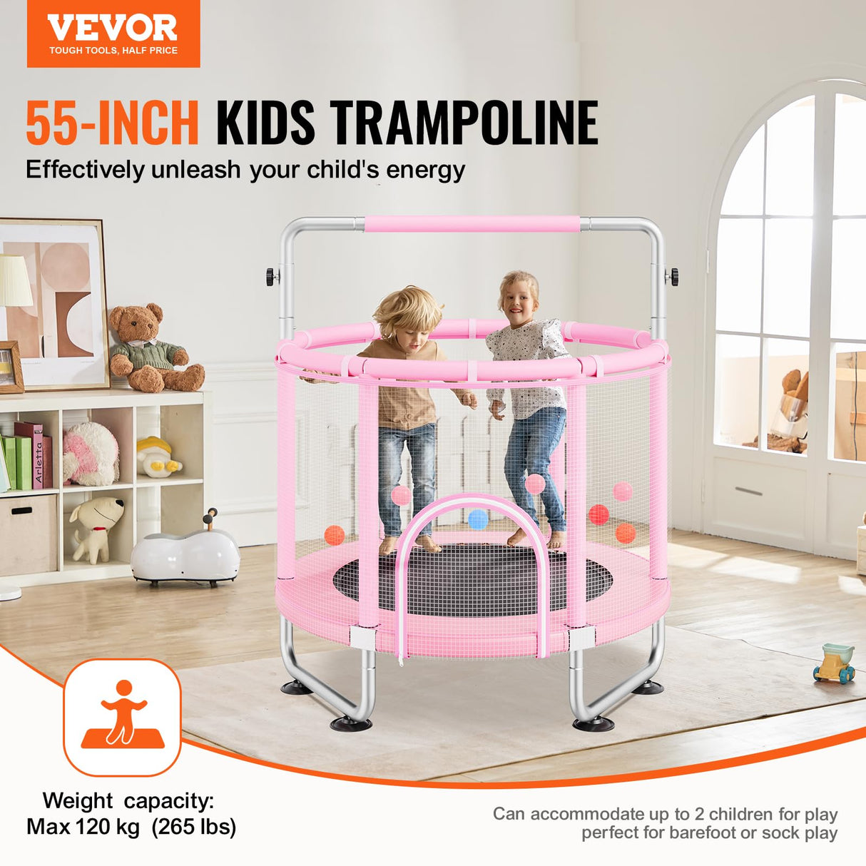 VEVOR Trampolín para Niños para Interiores y Exteriores, Mini Trampolín Recreativo para Niños Pequeños con Red de Seguridad y Aro de Baloncesto, para Niños de más de 3 Años, 1470 x (1540-1690)mm, Rosa