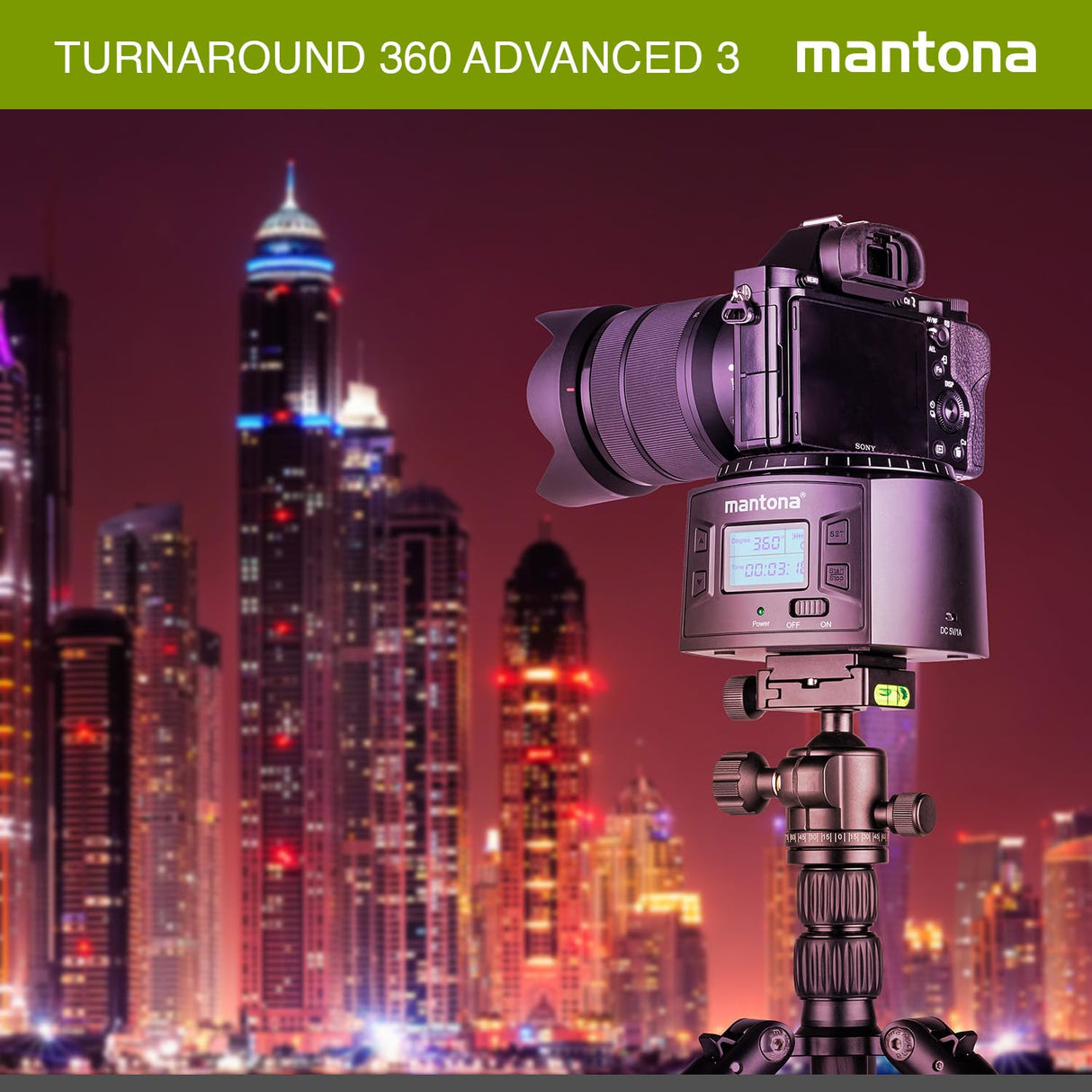 Mantona Turnaround 360 Advanced 3 - Cabezal de trípode eléctrico panorámico de rotación Continua de 360° para Timelapse Timelapse y pivotar con cámara para Smartphone Action CAM GoPro