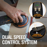 Lijadora orbital 2,5 mm sin escobillas 350W MAXXT, Lijadora electrica 150mm 4000-10000RPM-(6 velocidades ajustables) Freno automático-2s, conexión de tres núcleos y 10 hojas de papel de lija