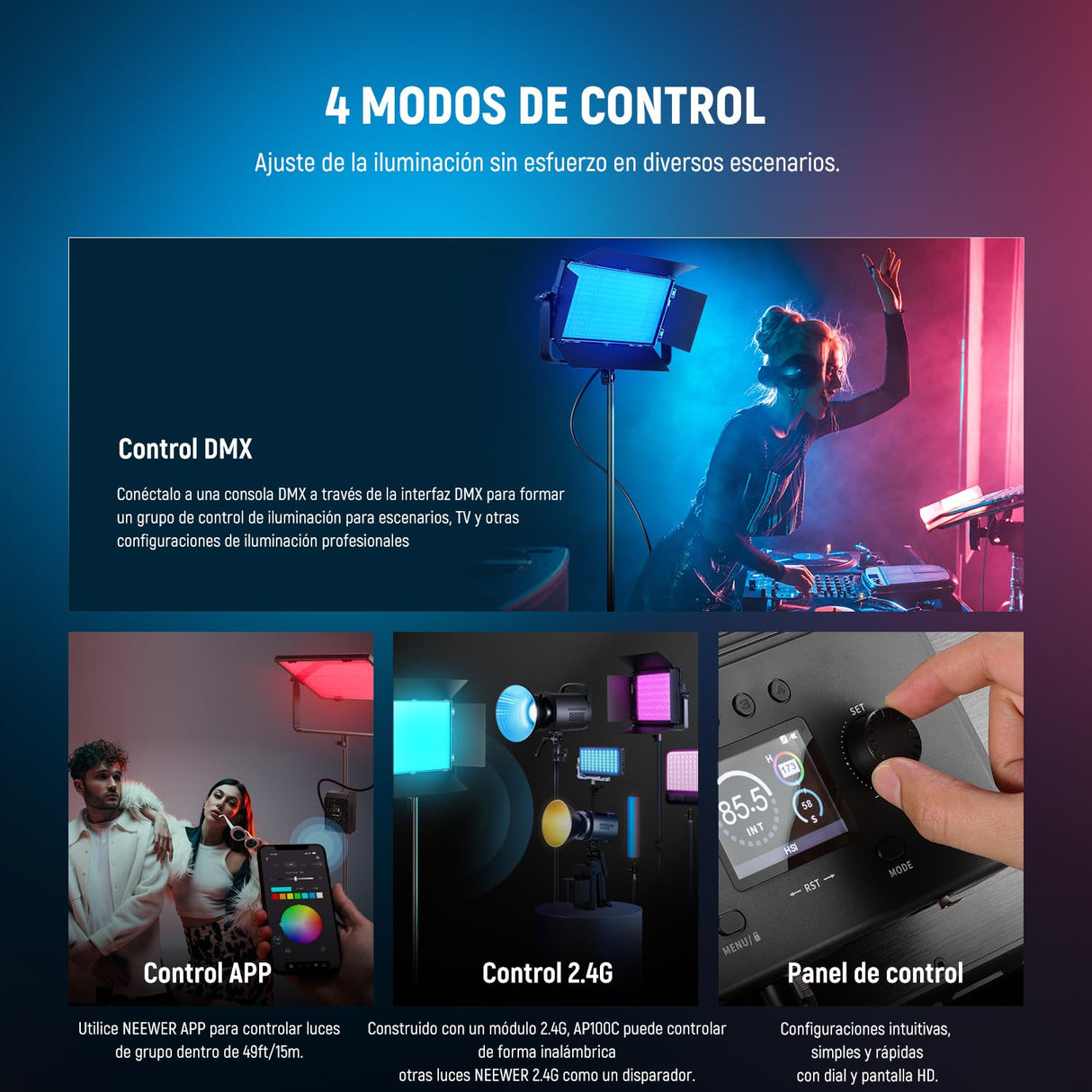 NEEWER 105W RGB LED Panel Luz Video Kit con Puertas Granero, 1200 LED 31500Lux@0,5m 2500K-10000K CRI96+/TLCI97+ Regulable, App/2,4G/Panel/Control DMX, Iluminación Grabación Fotografía Estudio, AP100C
