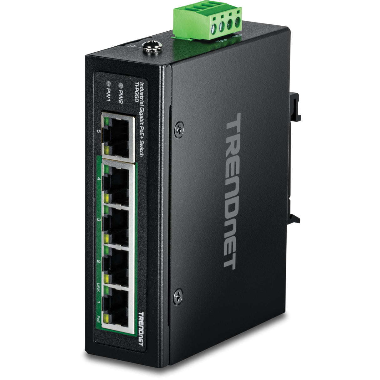 TRENDnet, TI-PG50, Conmutador Gigabit Industrial no administrado Reforzado de 5 Puertos, 10/100/1000 Mbps, conmutador DIN-Rail, 4 Puertos Gigabit PoE+, 1 Puerto Gigabit