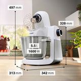 Bosch - Robot de Cocina, Serie 6, 1600W, Amasado Planetario 3D, Set de Pastelería, Triturador, Batidora de vaso ThermoSafe, Blanco, MUMS6EW22