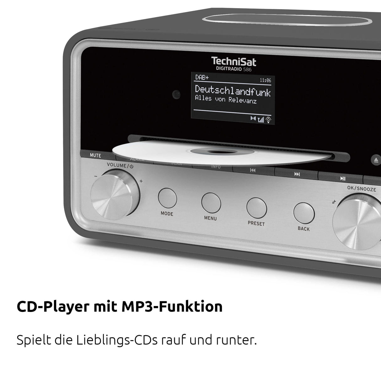 TechniSat DIGITRADIO 586 - Radio híbrido Dab+ (Radio por Internet, FM, Bluetooth, Spotify, Carga inalámbrica, Control por App, Pantalla OLED, USB, CD,MP3, AUX, 20 W, Equipo Compacto, Control Remoto)