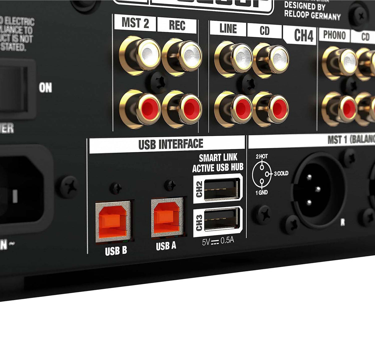Reloop RMX-95 | Clubmixer de 4+1 canales para DJs con interfaz de alta calidad de 24 bits, unidad FX, filtros de sonido, modo EQ Neural Mix™ y hub USB activo