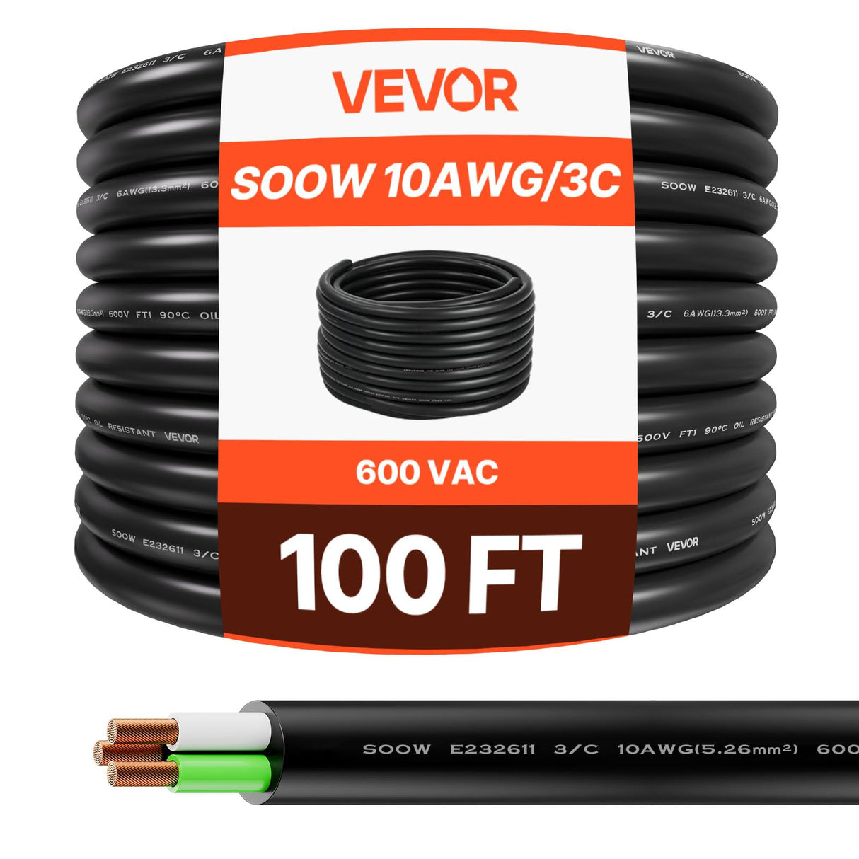 VEVOR SOOW - Cable de alimentación (10 AWG 3 conductores, extensión eléctrica resistente, 600 V, longitud 30,48 m, funda de goma CPE, conductor de alambre fino cobre, cable eléctrico para necesidades