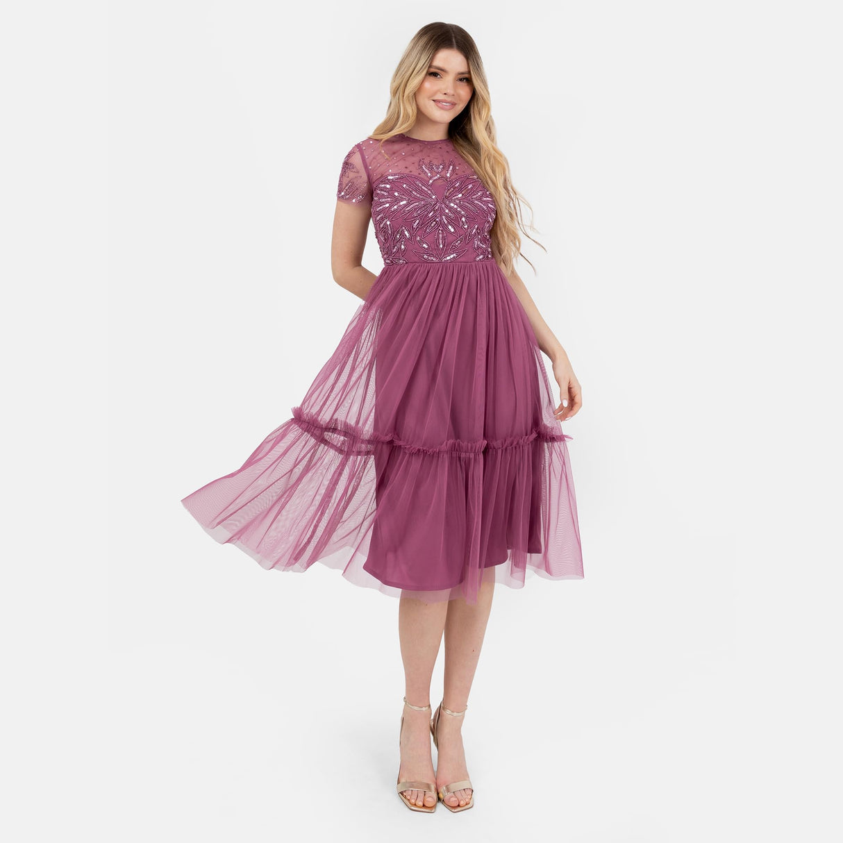Maya Deluxe Women's Midi Dress Ladies Round Neck Sheer Short Sleeves Sequin Embellished Tulle Ruffle A-Line Wedding Guest Occasion, Rose, 56