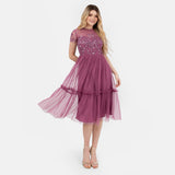 Maya Deluxe Women's Midi Dress Ladies Round Neck Sheer Short Sleeves Sequin Embellished Tulle Ruffle A-Line Wedding Guest Occasion, Rose, 56