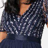 Maya Deluxe Maxi Dress for Women Ladies Bridesmaid V-Neck Ball Gown Short Sleeves Long Elegant Empire Waist Wedding Vestido de Dama de Honor, Azul Marino, 50 para Mujer