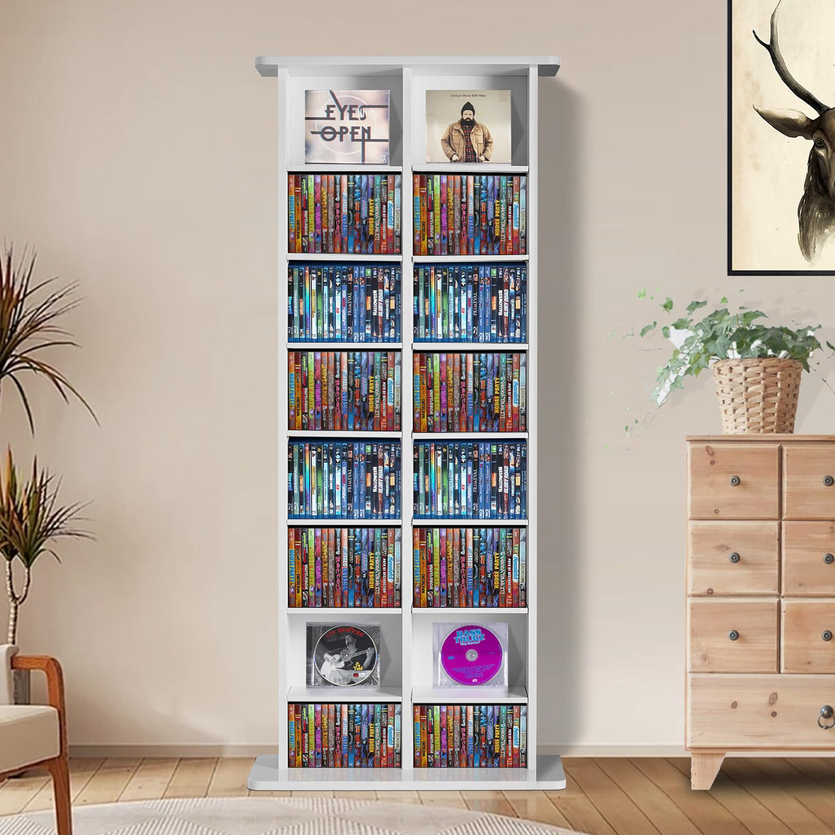 VEVOR Mueble de Almacenamiento Multimedia Mueble para DVD de 8 Capas Capacidad para 464 CD 16 Compartimentos Estantes Ajustables de CD para Colecciones de Música, Películas, Videojuegos, Blanco