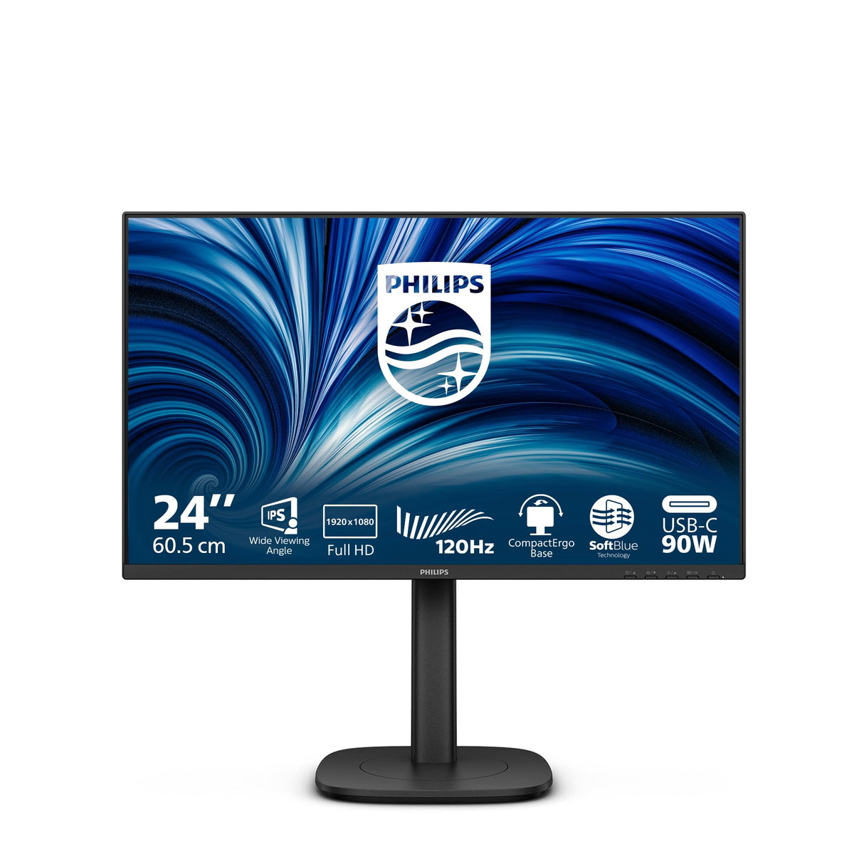 Philips 24B2U3301 Monitor 24 Pulgadas FHD, 120Hz, IPS, 4 ms GtG, Adaptive Sync., Altura Ajustable, Altavoces (1920x1080, 1x HDMI 1.4, 1x DP 1.4, USB-Hub), Negro