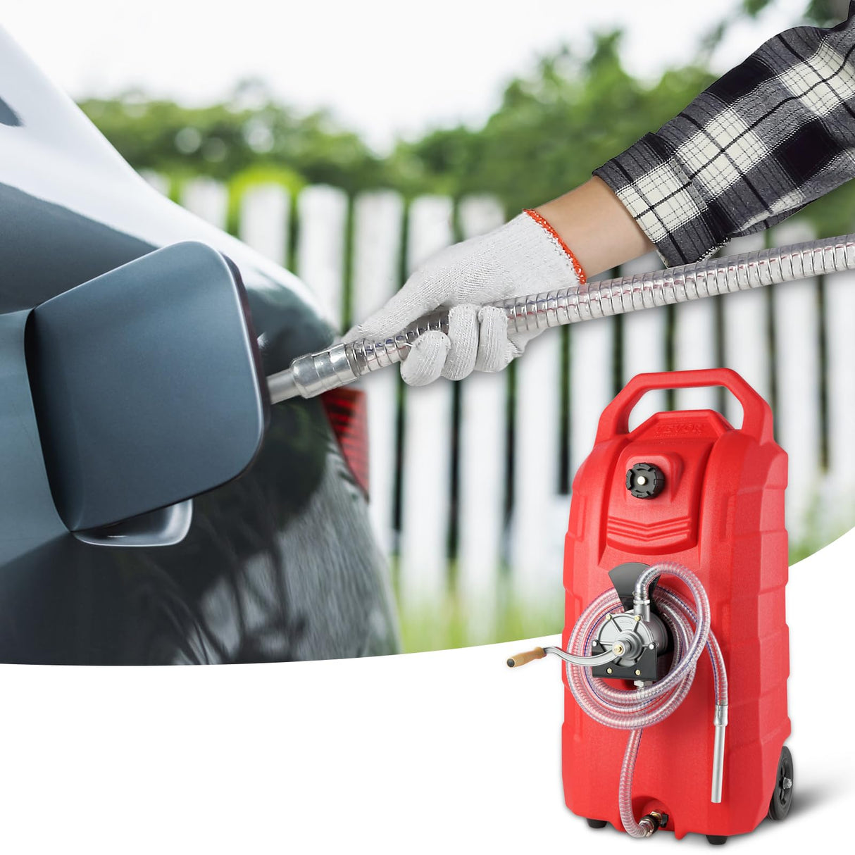 VEVOR Tanque de Combustible Portátil con Ruedas 16 Gal 60L Bidón de Gasolina 7,8L/min con Bomba Manual, Transferencia de Combustible para Gasolina, Diesel, Aceite, Máquina, Cortacésped, Coche, Tractor