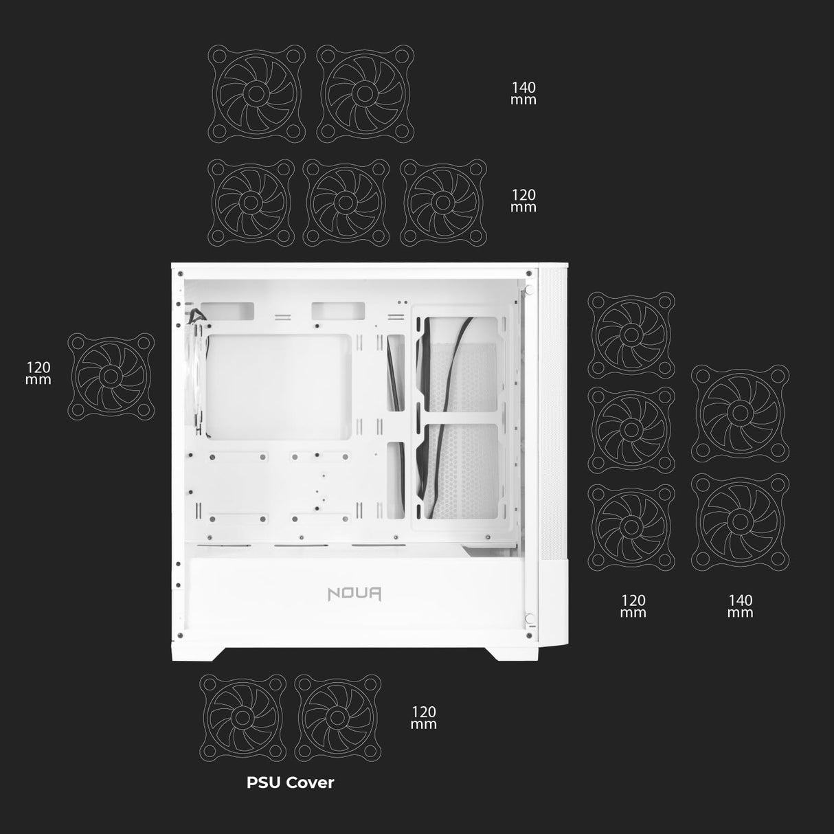 Noua Fobia L111 Blanco Micro ATX para PC Gaming Mini Tower 0.60MM SPCC Ventilador LED ARGB Direccionable Frontal Malla y Panel Lateral de Vidrio Templado Cierre Magnético