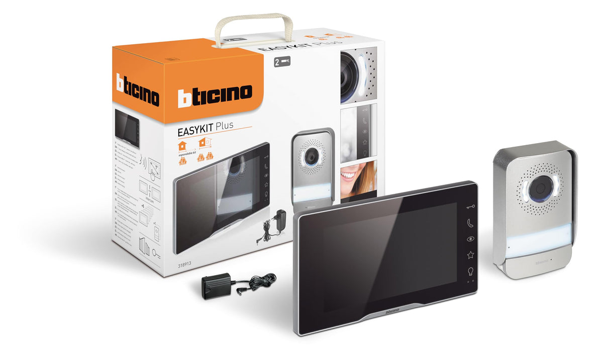Bticino Easykit Plus 318913 - Videoportero monofamiliar Plug-In de 2 cables con: 1 botonera externa con timbre y cámara, 1 monitor interno de 7 pulgadas a color con manos libres, ampliable para