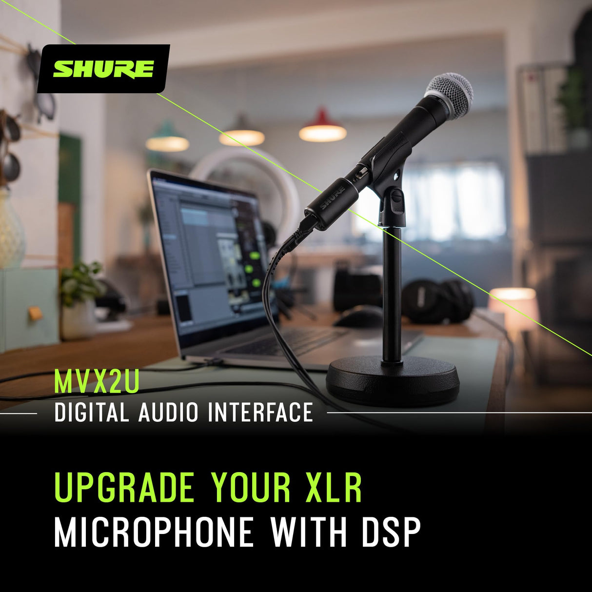 Interfaz digital Shure MVX2U XLR a USB con conector para auriculares, preamplificador integrado con control de ganancia de 60dB, monitorización sin latencia, alimentación fantasma de 48V