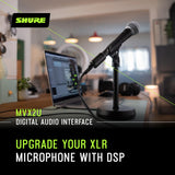 Interfaz digital Shure MVX2U XLR a USB con conector para auriculares, preamplificador integrado con control de ganancia de 60dB, monitorización sin latencia, alimentación fantasma de 48V