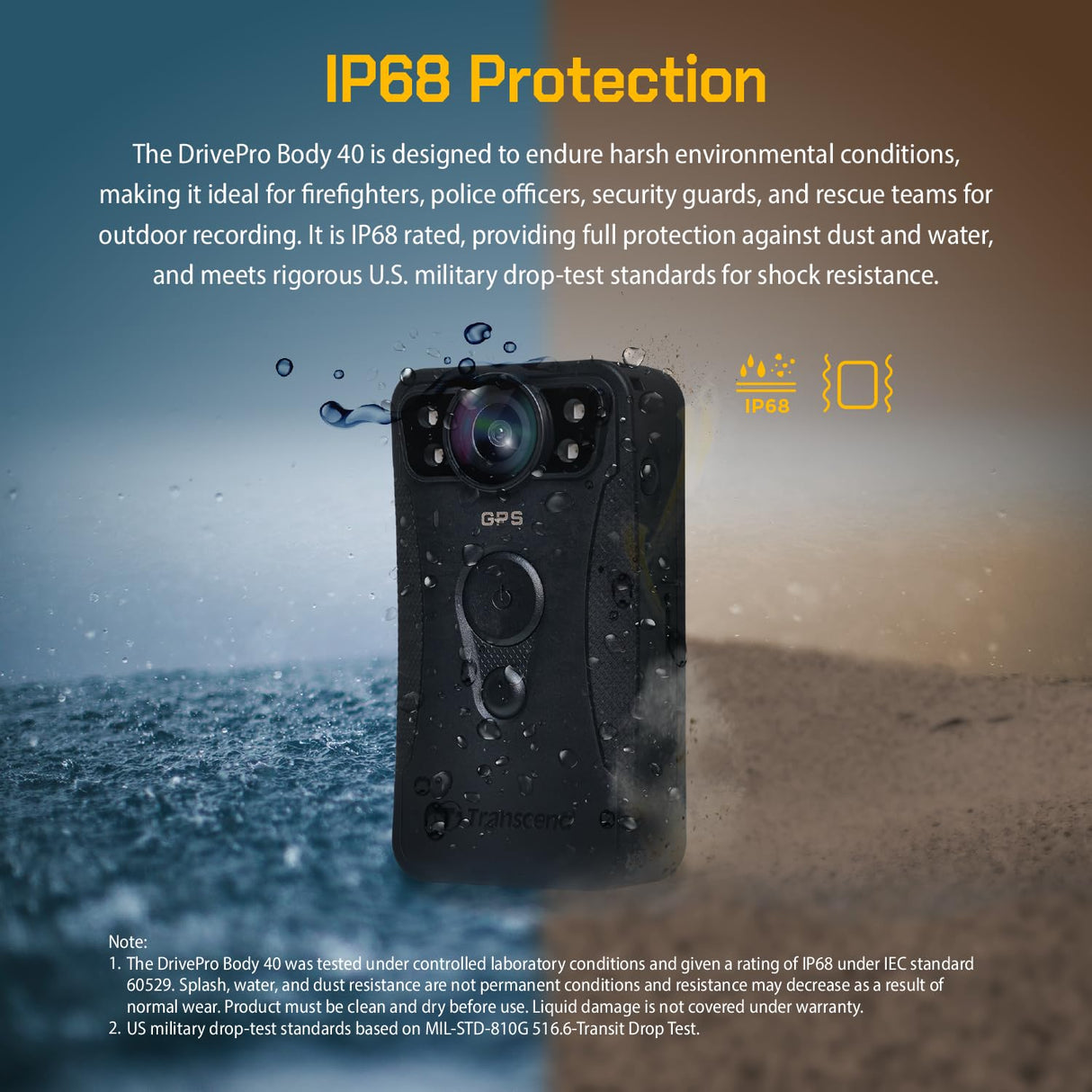 Transcend 128GB 1440P QHD Police Body Camera STARVIS 2 Sensor IP68 Weatherproof Body Worn Camera con estabilización de Imagen electrónica, visión Nocturna GPS TS128GDPB40A