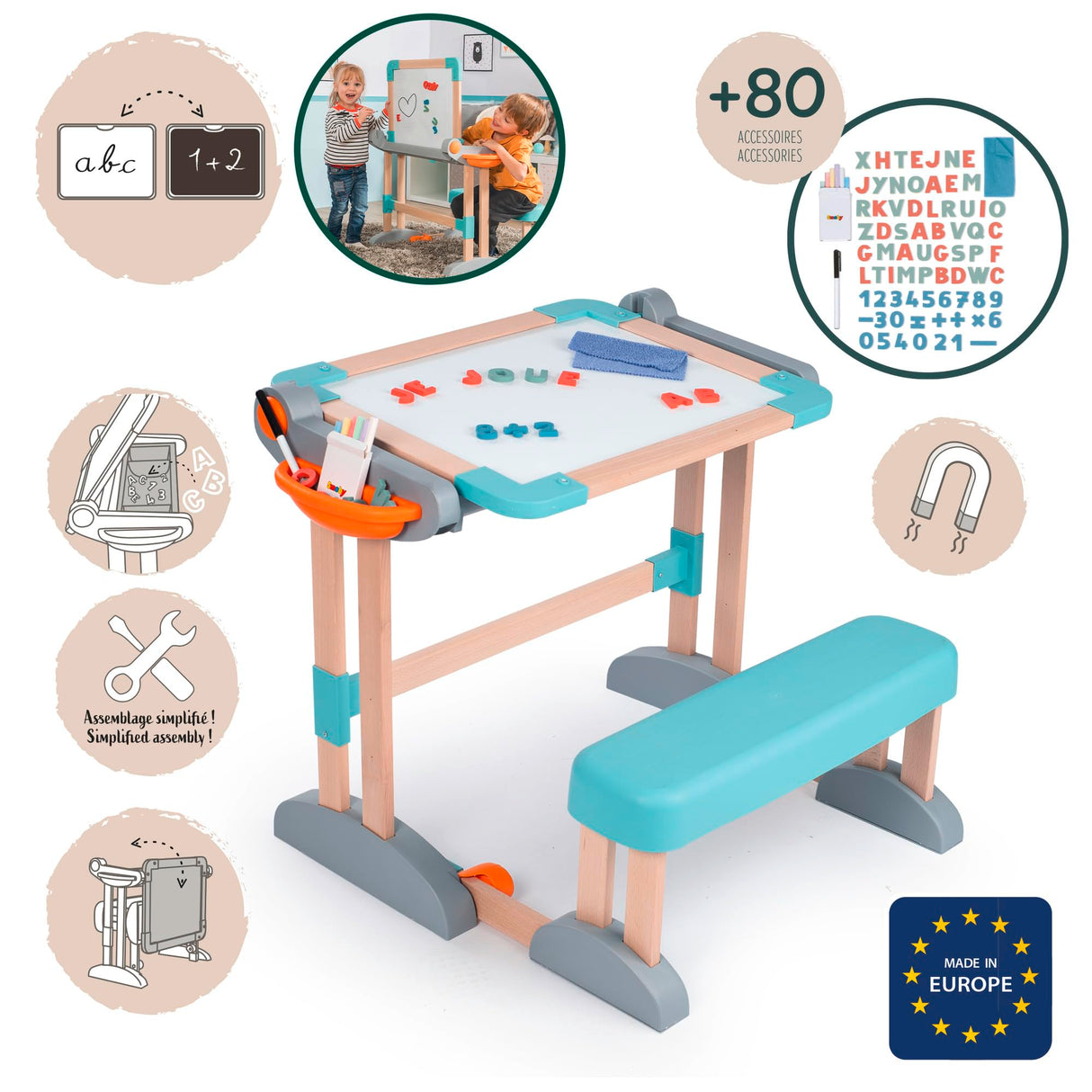 Smoby- Pupitre de Madera 2-en1, Escritorio o Pizarra Infantil, Fácil Plegado sin Herramientas, Estructura Sólida, 80 Accesorios, Niños Niñas A Partir de 3 Años (7600420304)