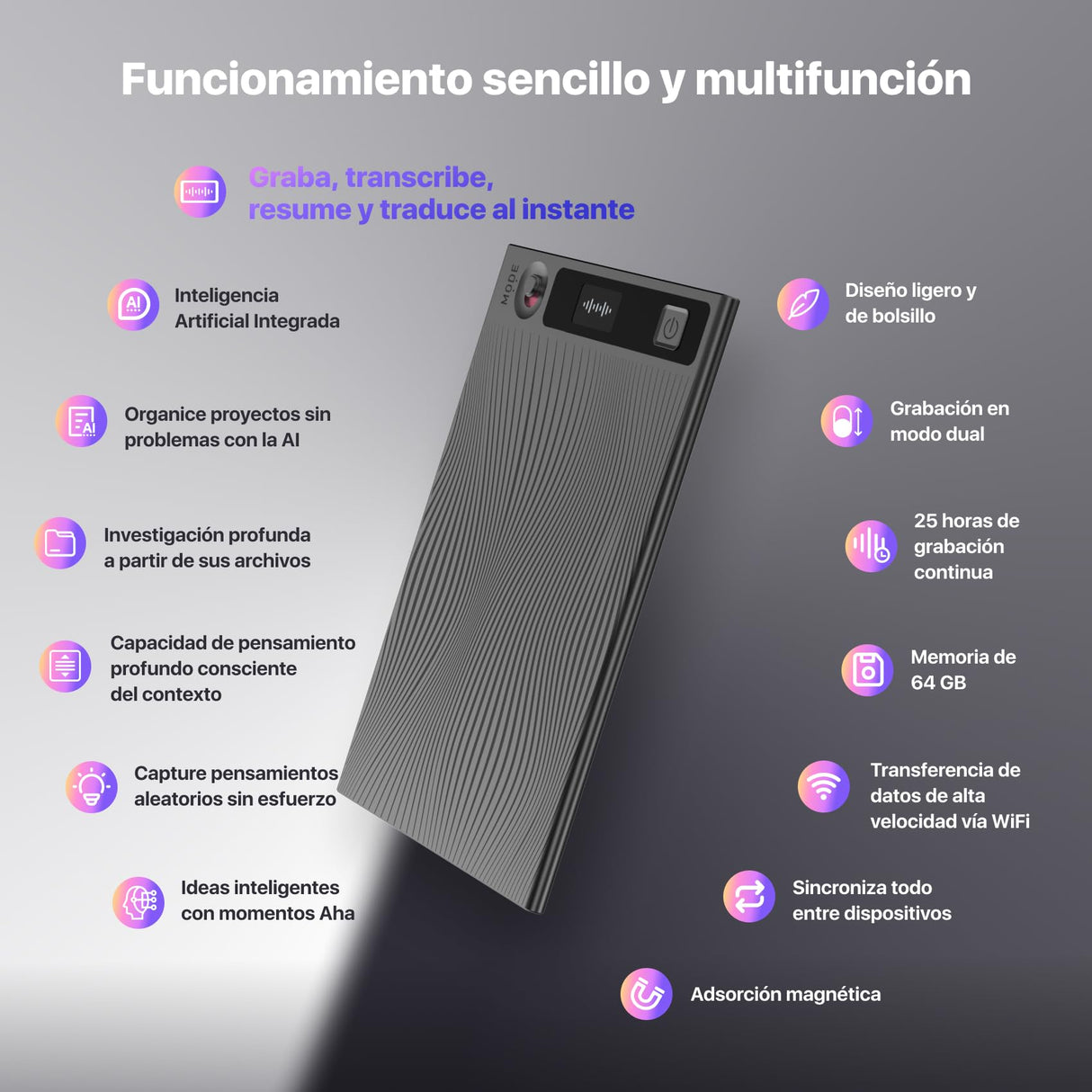 Mobvoi TicNote - Grabadora de Voz IA 64GB con Memoria, Estuche, Control por App, 100+ Idiomas con IA “Shadow“, Grabadora Digital para Llamadas, Clases y Reuniones