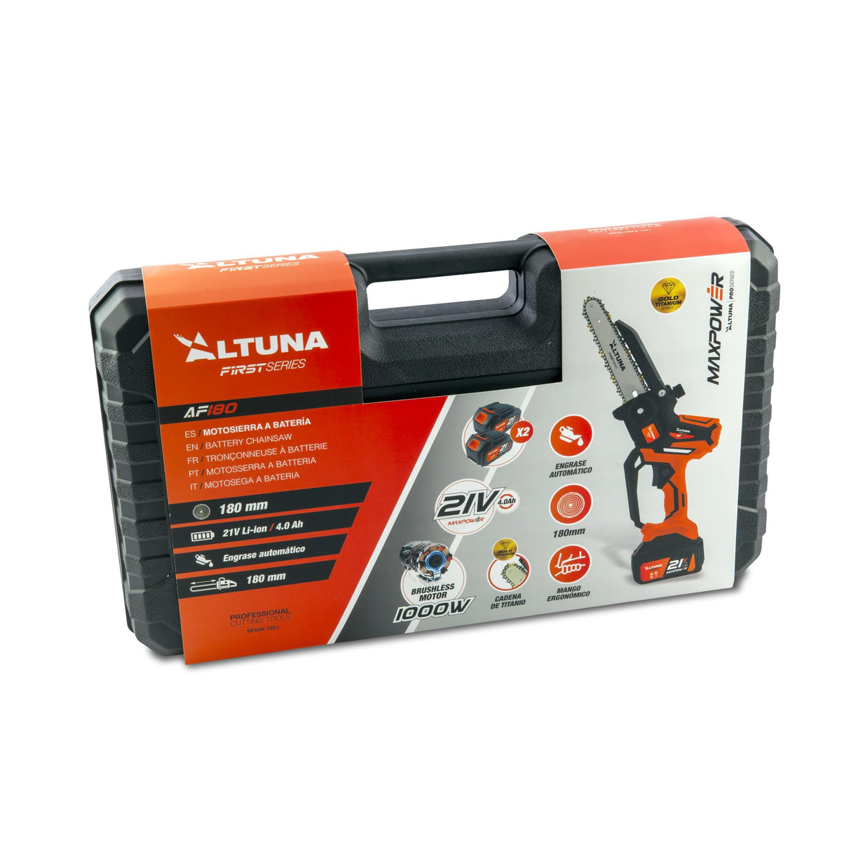 Altuna - Motosierra a Batería con Cadena de Titanio Autoengrasable - Motor Brushless 1000W - Corte 180mm - Incluye 2 Baterías 4Ah - Ligera y Compacta - Con Maletín Protector y Gafas de Protección