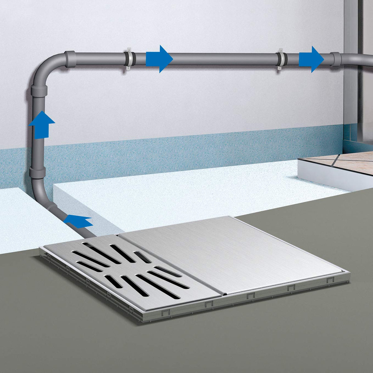 LUX ELEMENTS Suelo de ducha sellado de 140 x 90 cm, de espuma rígida, con bomba de desagüe y pendiente (cuatro caras), listo para azulejos, color gris