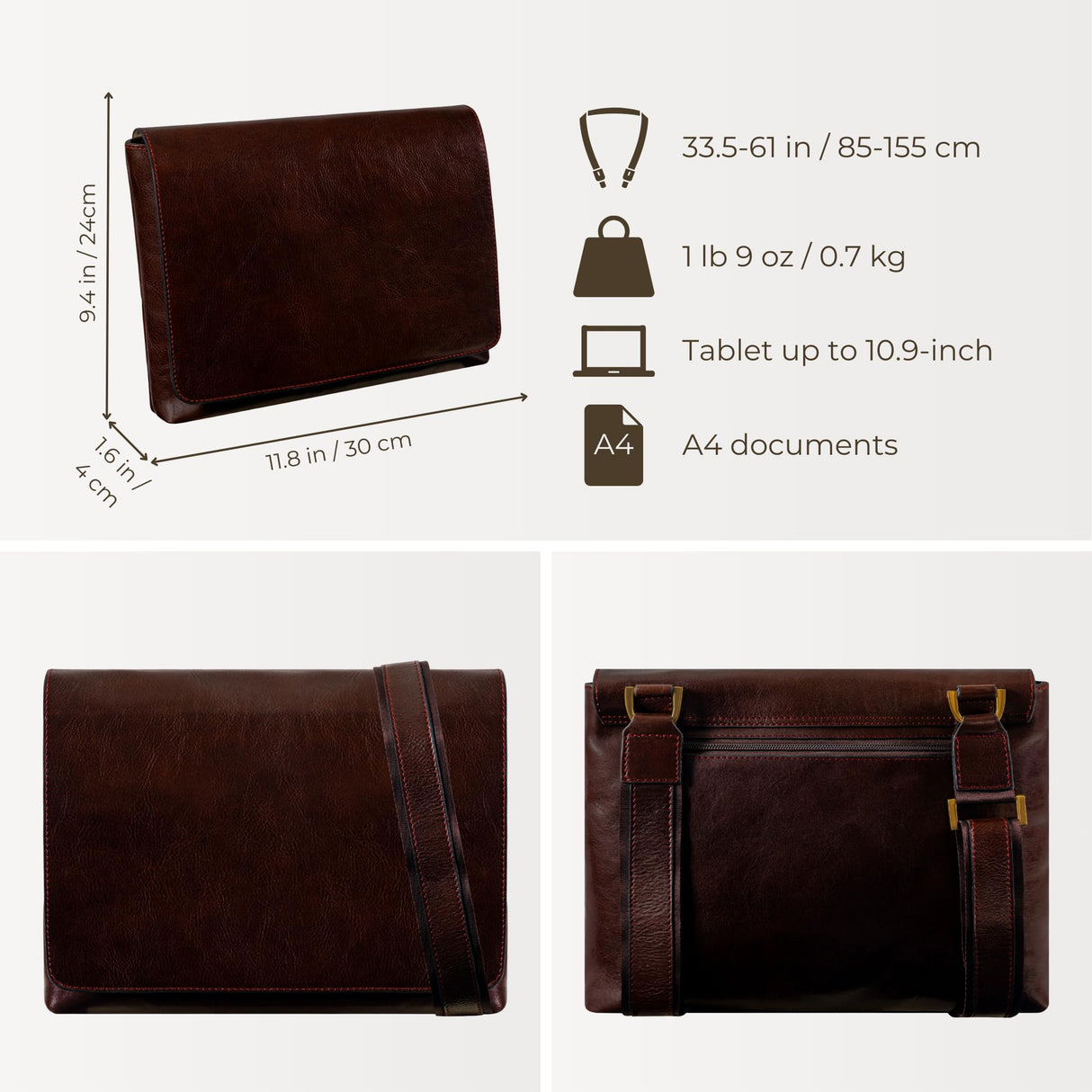 Time Resistance Bolso Messenger de Cuero - Bolso Bandolera para Hombre - Maletín