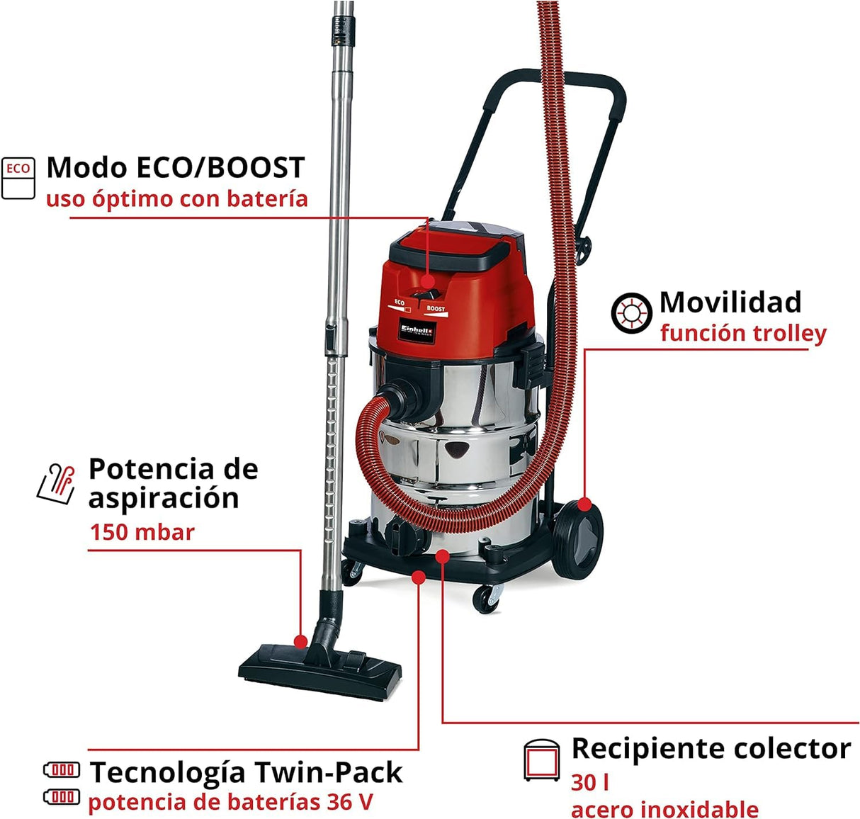 Einhell Aspirador inalámbrico TE-VC 36/30 Li S-Solo Power X-Change (iones de litio, 36 V, ECO/BOOST, depósito de 30 l, manguera incluida, sin batería y cargador)