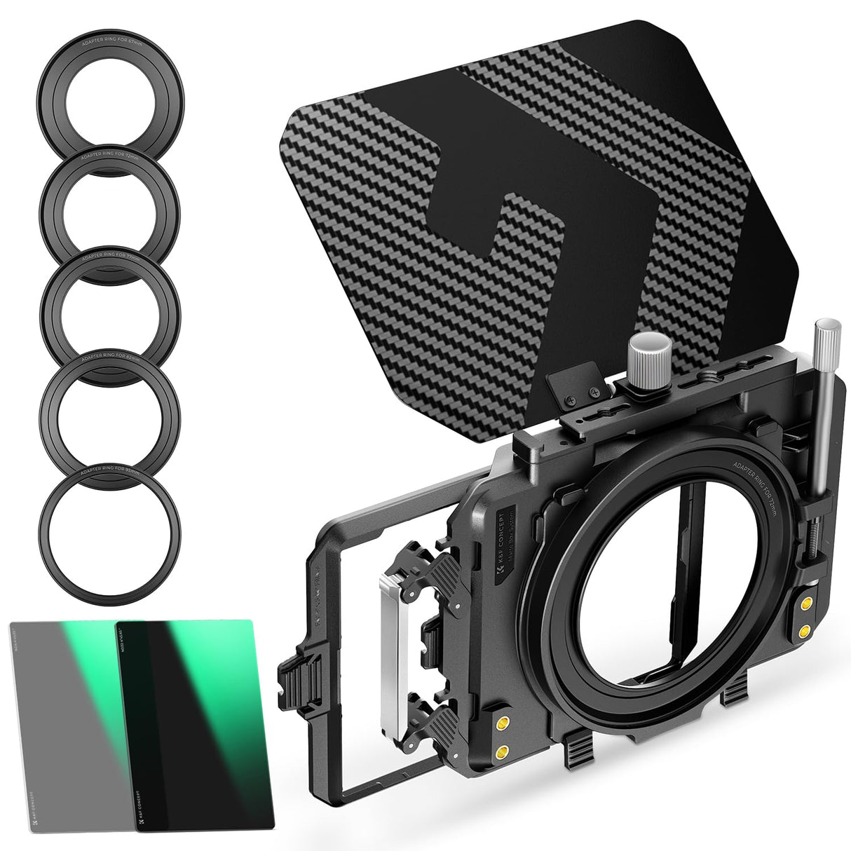 K&F CONCEPT Mini Matte Box con ND4 ND32 Cine Filtro 4" x 5,65", con 2 Bandejas de Filtro de 4" x 5,65" para Cámaras DSLR Mirrorless con 5 Adaptadores de Anillo Circular (67/72/77/82/95mm)