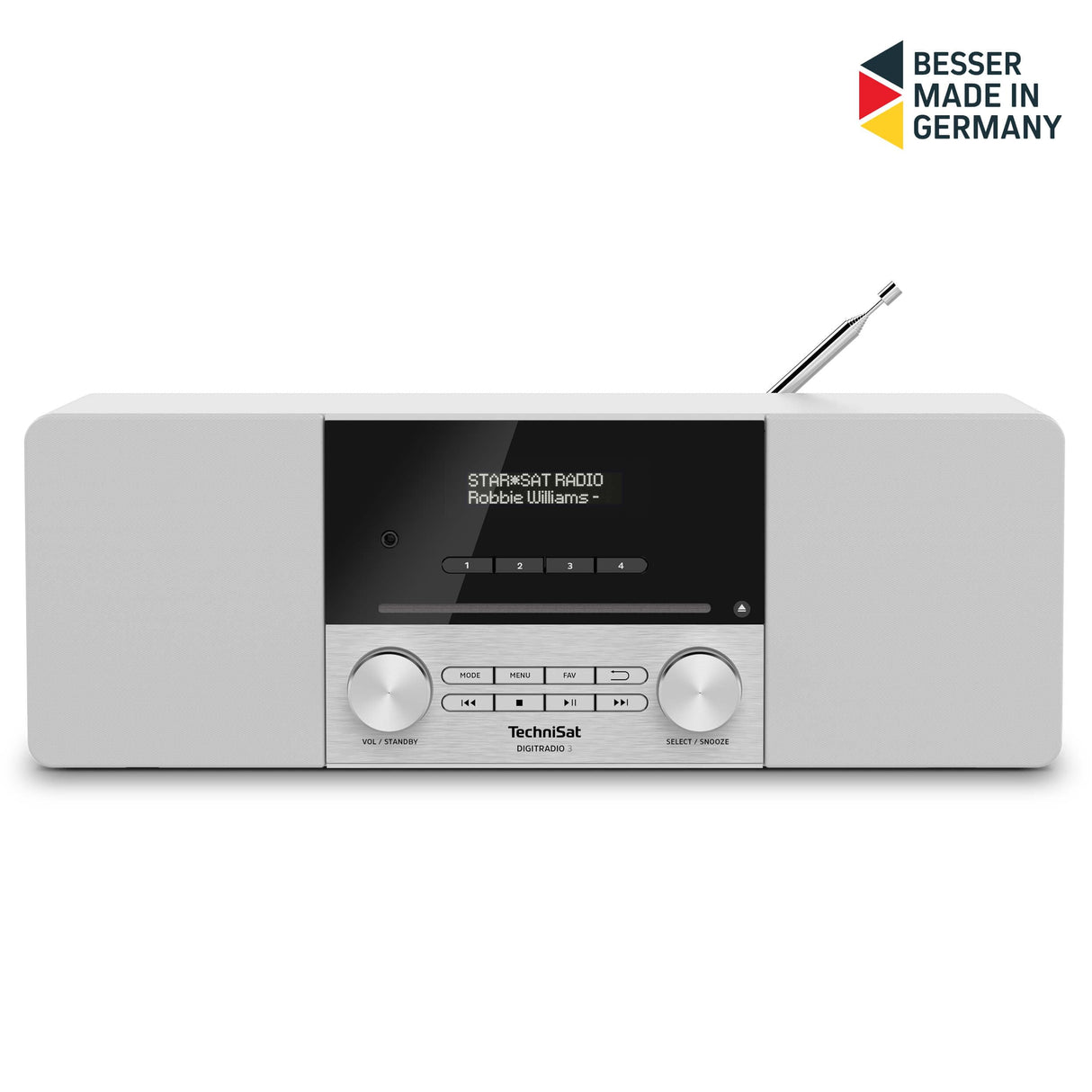 TechniSat DIGITRADIO 3 - Sistema Compacto de Radio Estéreo Dab (Dab+, FM, Reproductor de CD, Bluetooth, USB, Conexión para Auriculares, Entrada AUX, Radio Reloj Despertador, Pantalla OLED) Blanco