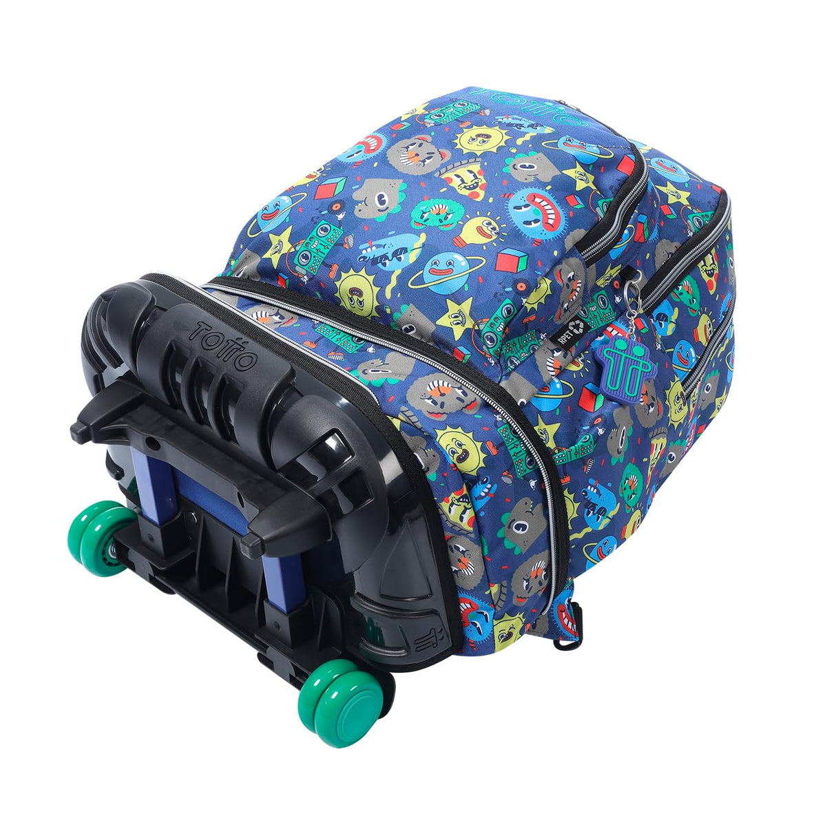 TOTTO - Mochila Escolar con Ruedas Desmontables, Modelo Tiza, Capacidad 26 L, Mochila PC 15.4", Bolsillo Botella, Manija Telescópica, Espaldar Ergonómico y Correas en S, Estampado Tello Azul