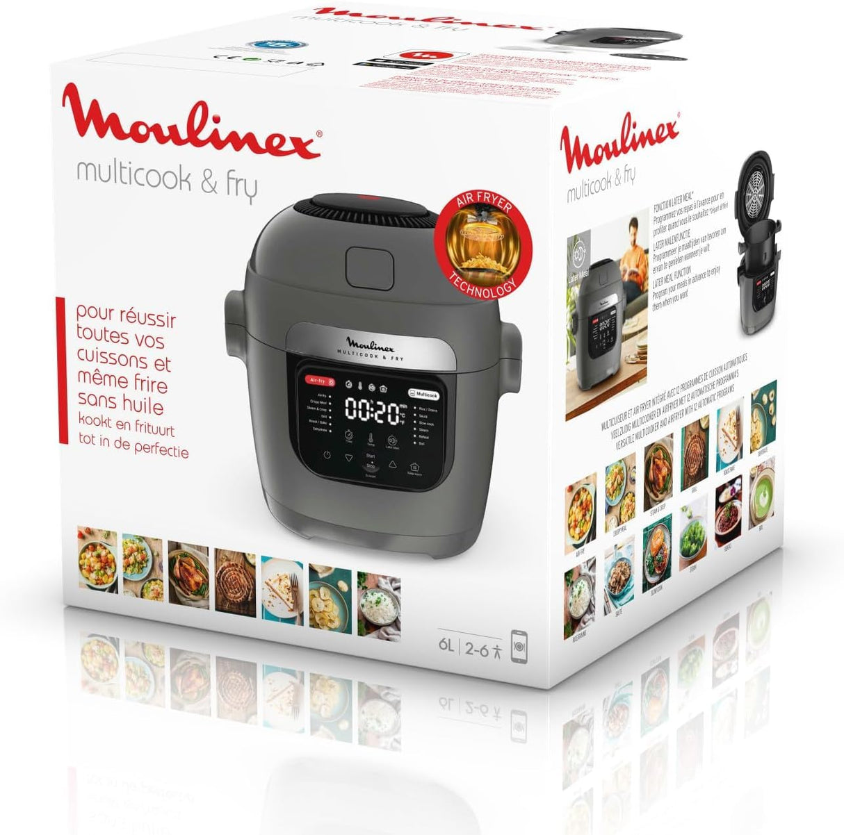Moulinex Multicook & Fry - Robot de cocina con freidora de aire incorporada, 12 programas, cocción en 2 niveles, función de programación, 6 L de capacidad, gris hipopótamo MZ730BF0