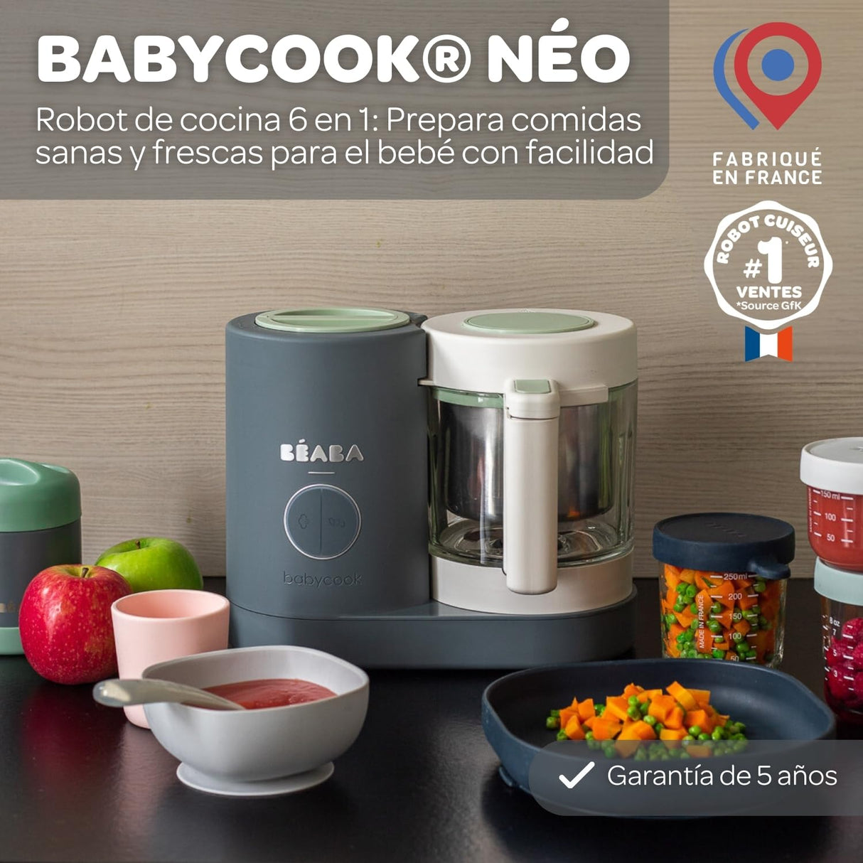 BÉABA Babycook Neo, Robot de cocina infantil, tritura, cocina y cuece al vapor, Rápido en 15 minutos, Recipiente de vidrio y cesta de acero inoxidable, Para Bebés y Niños, Gris mineral