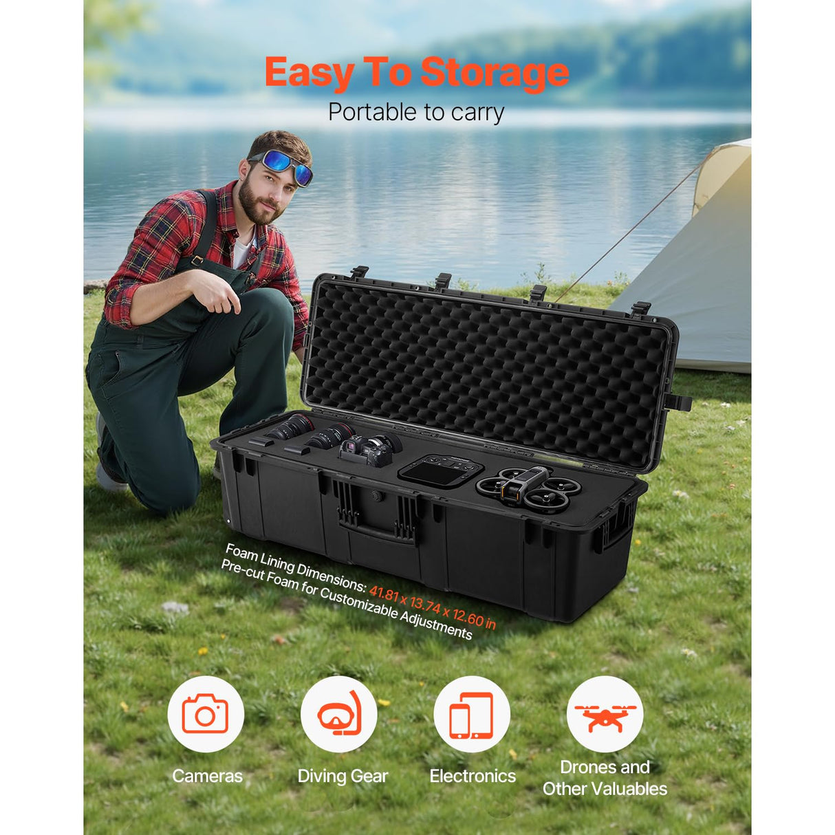 VEVOR Estuche Rígido Impermeable de 1120 x 405 x 342 mm de Gran Capacidad con 3 Asas, Estuche Protector IP67 con 6 Clips, 6 Orificios para Candado y Espuma Insertada para Equipos Grandes, Negro