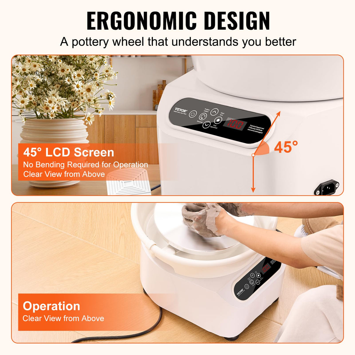 VEVOR Torno de Alfarería Eléctrico 250 mm 350 W con Pedal Pantalla Táctil LCD Mini Torno de Alfarería con 4 Patas de Soporte Rango de Velocidad de 50-300 rpm para Manualidades de Cerámica DIY, Blanco